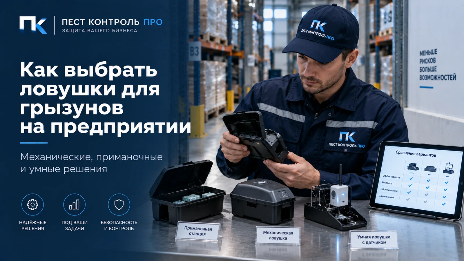 Специалист на складе сравнивает приманочную станцию, механическую и умную ловушки; на планшете таблица сравнения вариантов
