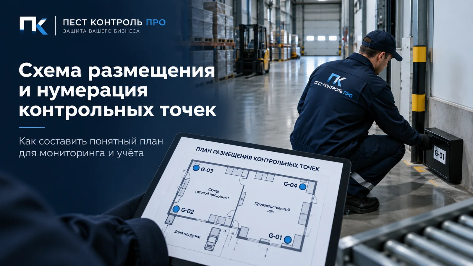 Специалист устанавливает промаркированное устройство G-01, рядом на планшете план размещения контрольных точек