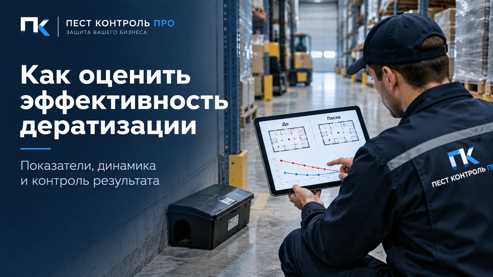 Специалист на складе сравнивает на планшете данные до и после дератизации