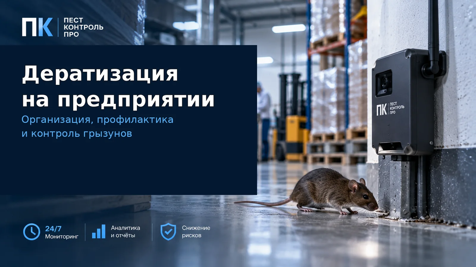 Устройство системы мониторинга на стене склада и грызун рядом с ним
