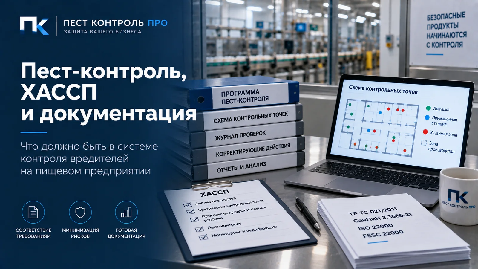 Папки с документами пест-контроля, ноутбук со схемой контрольных точек и нормативные документы на столе пищевого предприятия