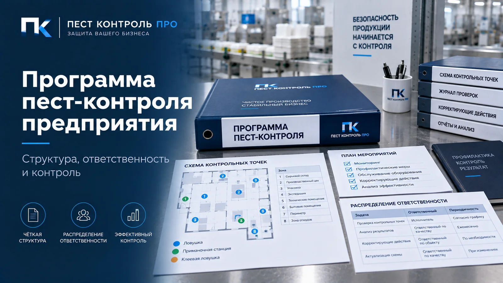 Папка «Программа пест-контроля», схема контрольных точек, план мероприятий и таблица распределения ответственности на столе пищевого производства