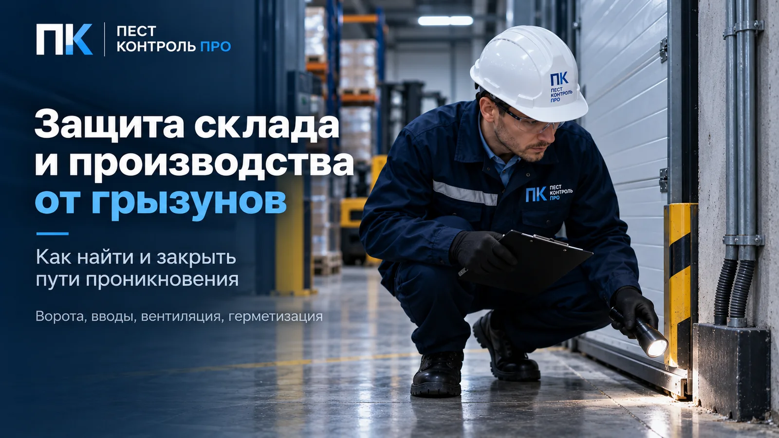 Специалист с фонарём осматривает уплотнение ворот склада на предмет отверстия для грызунов