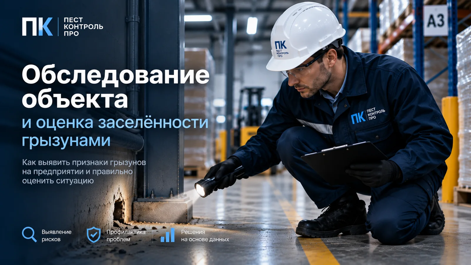Специалист с фонарём осматривает отверстие в основании стены на складе