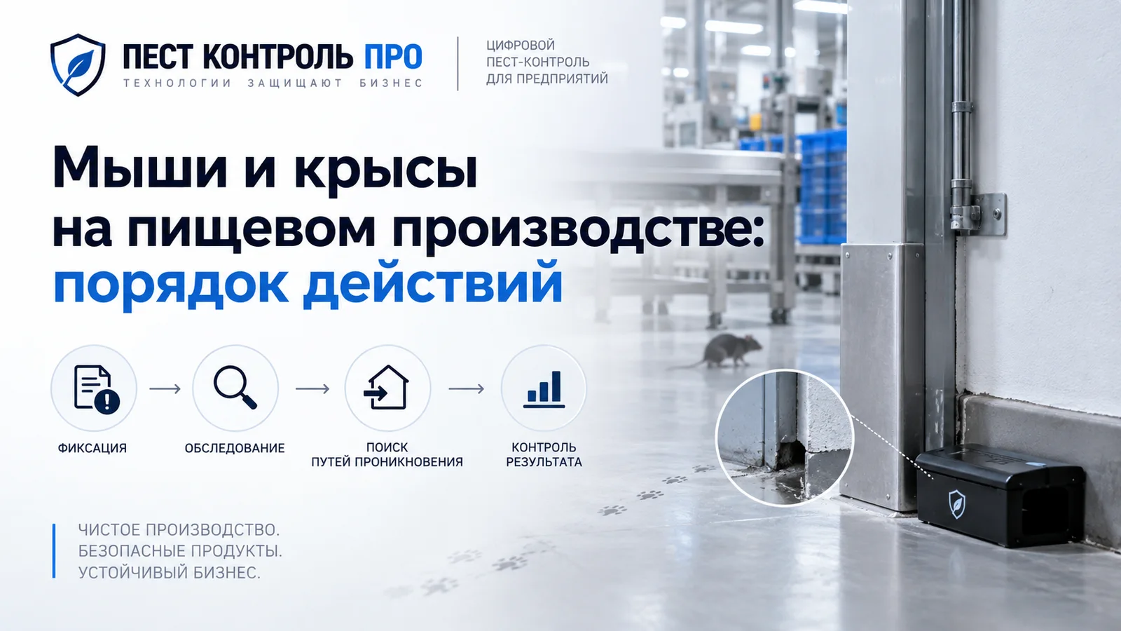 Крыса на полу производственного цеха, рядом отверстие в стене возле умной ловушки, схема шагов «фиксация — обследование — поиск путей проникновения — контроль результата»