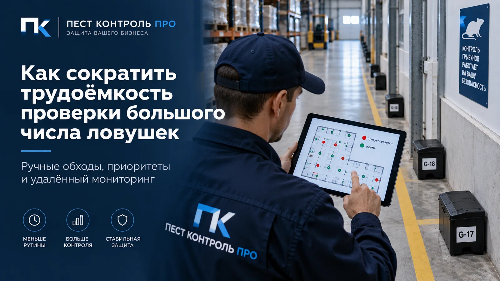 Специалист с планшетом, на котором отмечены ловушки, требующие проверки, рядом пронумерованные устройства вдоль стены склада